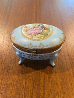 Vintage Pale Blue Decorative Trinket Box with Gilded Accents